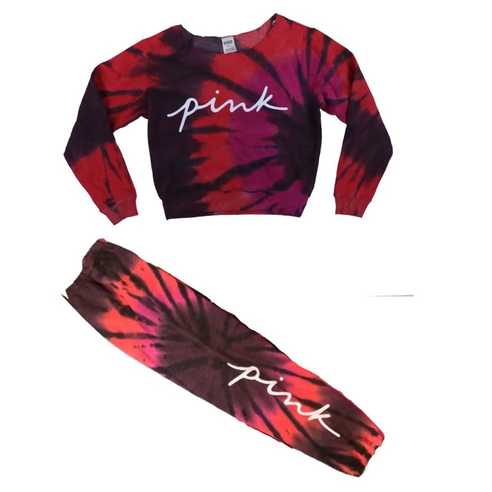 Victoria's Secret PINK Tie Dye Campus Sweatshirt + Pants Set Supernova Magenta